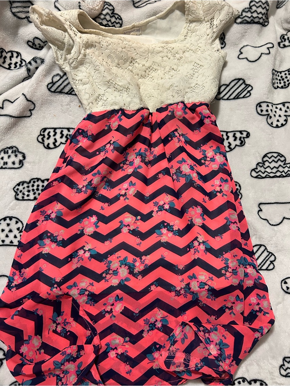 Lace Top Chevron Floral Dress - Cream & Bright Pink